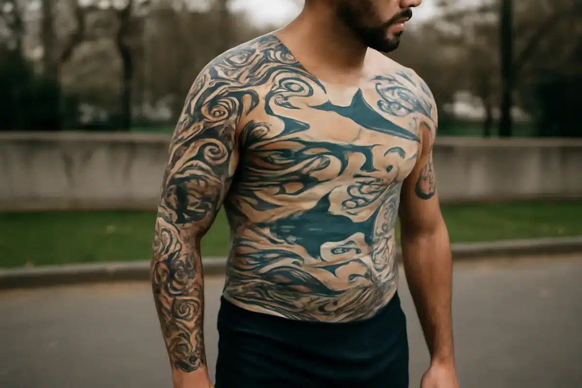 Détails chiffrés — Les tatouages couvrent des zones variées du corps : épaules, bras, jambes et torse participent tous à cette « carte » océanique. Parmi les motifs, on trouve des silhouettes reconnaissables comme le grand requin blanc, mais aussi des
