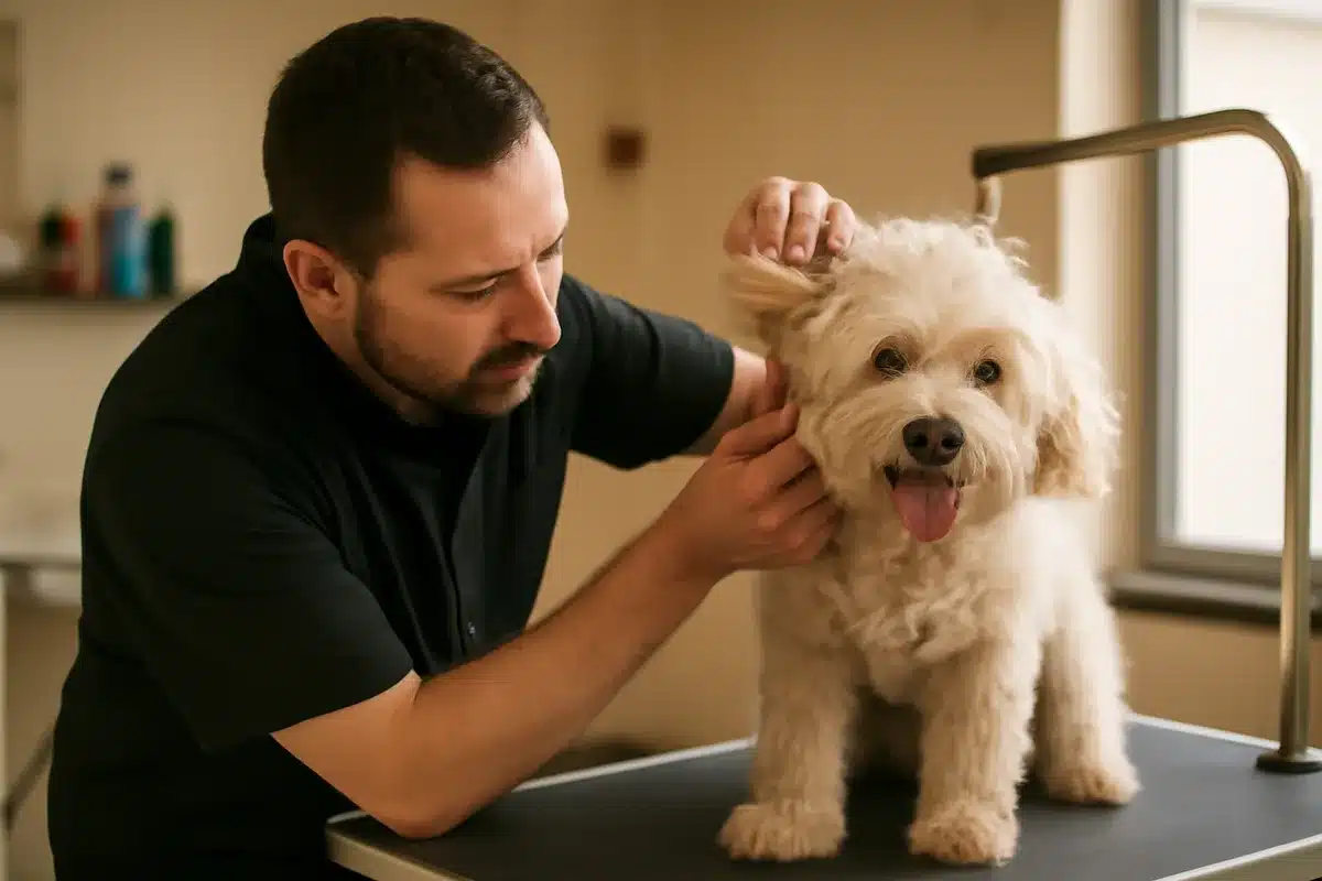 Comment se déroule une séance de toilettage pour chien? — La visite commence généralement par un accueil calme afin de rassurer l'animal. Le toiletteur évalue l'état du pelage, la présence de nœuds et inspecte oreilles, yeux et ongles. Cette étape permet