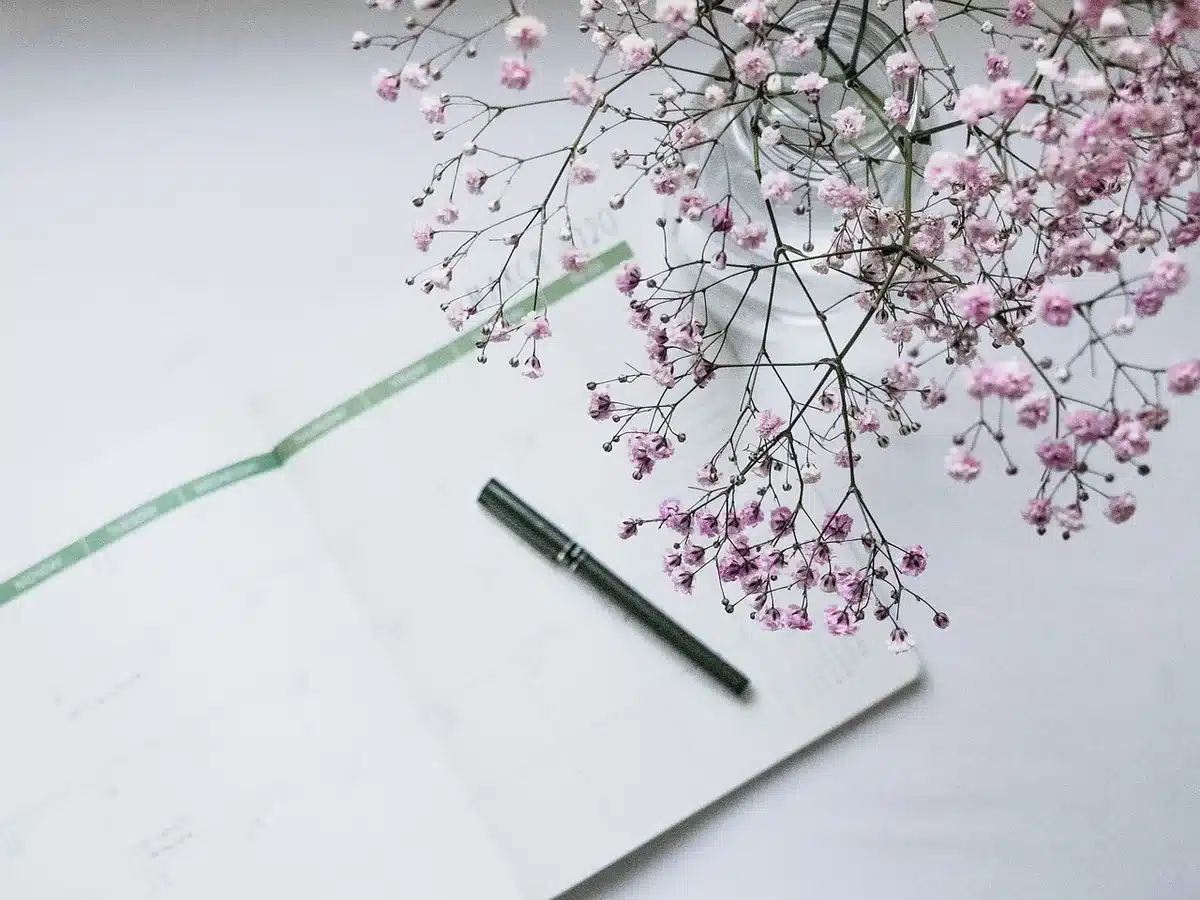 Table organisée avec carnet, montre et tasse pour symboliser les routines quotidiennes