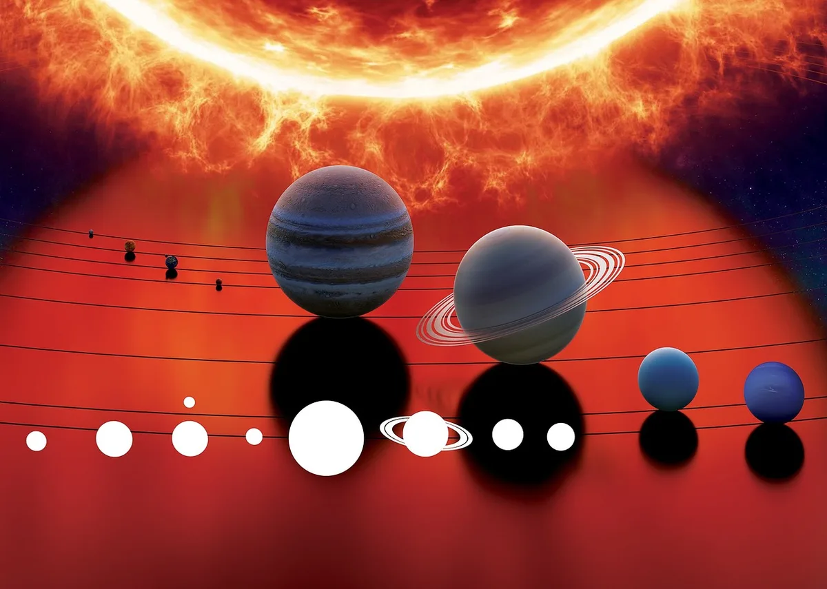Schéma simplifié montrant Jupiter et Saturne en trigone