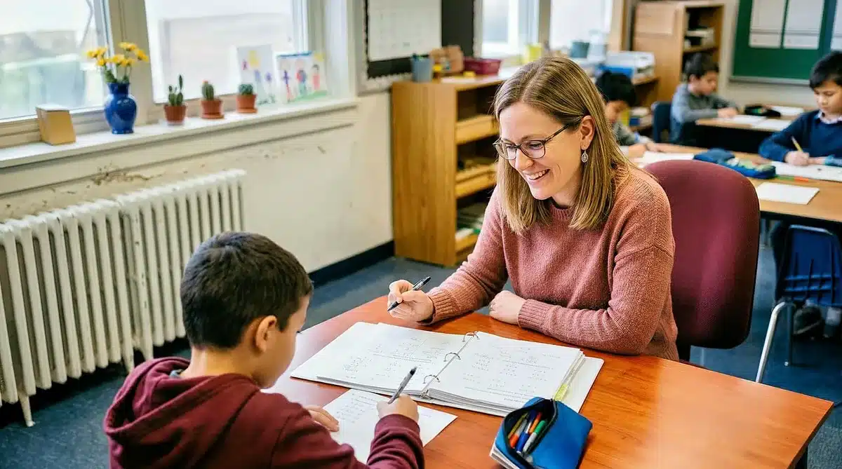 Enseignante aménage un coin discret dans une classe primaire