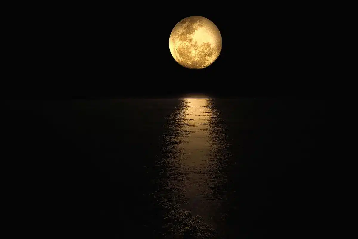Lune pleine haute dans le ciel avec réflexion tranquille